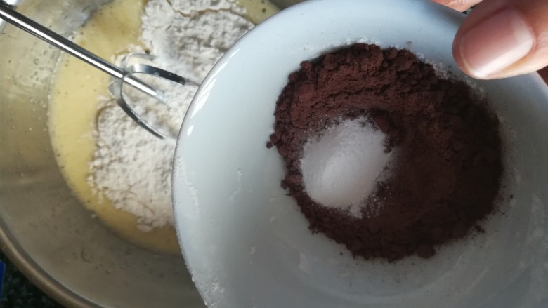 神奇的玛德琳,加入<a style='color:red;display:inline-block;' href='/shicai/ 920'>可可粉</a>，<a style='color:red;display:inline-block;' href='/shicai/ 702'>泡打粉</a>继续搅拌。别太用力，尽量不规则地搅拌，而不是顺一个方向搅拌