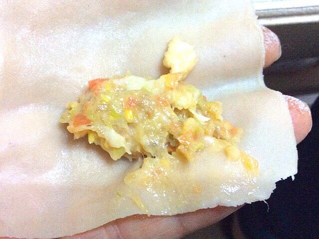 虾肉馅肉燕,包馅,馅放到靠边一点
