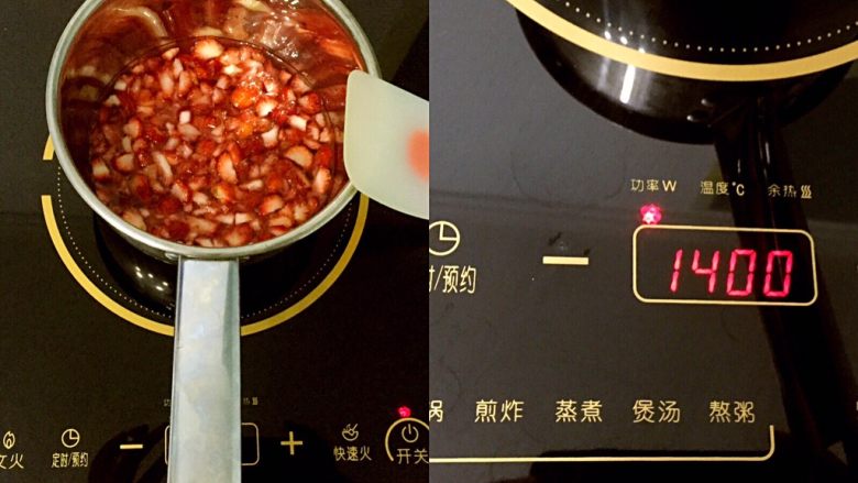 草莓果酱,放入不粘锅或者小奶锅,用种中火进行熬制。熬制过程要不停搅拌,促进水分的蒸发,同时以免煮焦。