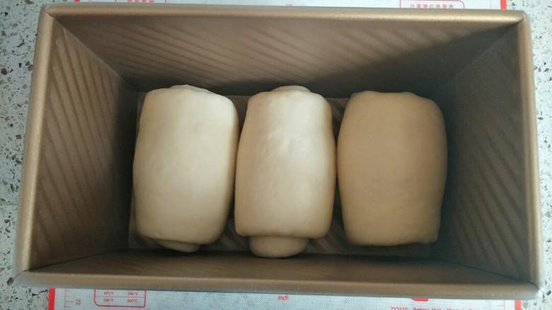 北海道吐司(直接法),放入吐司盒进行最后的发酵,二发温度38度左右,放在烤箱,底下放一盆热水,烤箱不用开起来