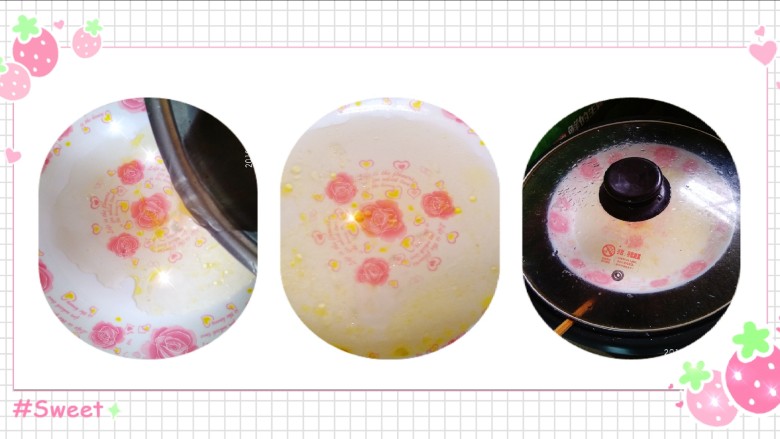 三色芙蓉蛋,锅里放水，把蛋清倒入碟子里盖上盖蒸五分钟。盖子方便放根筷子隔着，让它透气，不然蒸出的鸡蛋有孔会老