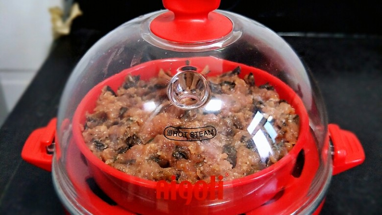 梅菜蒸肉饼(蒸蛋器版),盖上盖子,插插头,按下小开关