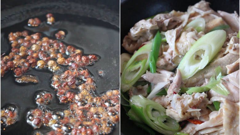 花椒·葱和鸡肉,取出鸡腿,把鸡肉取出到一个盘子里,带有肉的鸡骨头可以丢回汤锅里继续炖
