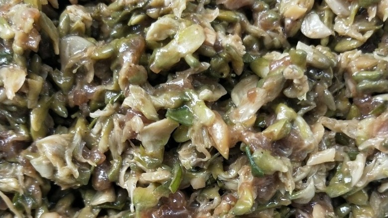 香煎槐花牛肉馄饨,牛肉馅倒入槐花中,再加少许盐,胡椒粉,香油,生抽。 ~这是给槐花加味。搅拌粘合在一起。