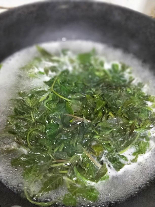 香椿豆腐,再烧开一锅开水,将香椿投入。