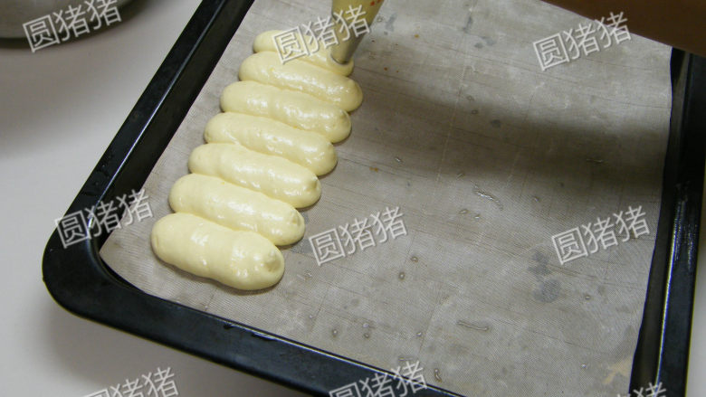 鲜果夏露蕾特,将蛋糕糊装入裱花袋内,用圆形花嘴在铺有油布的烤盘上挤成相连,整齐的带状。