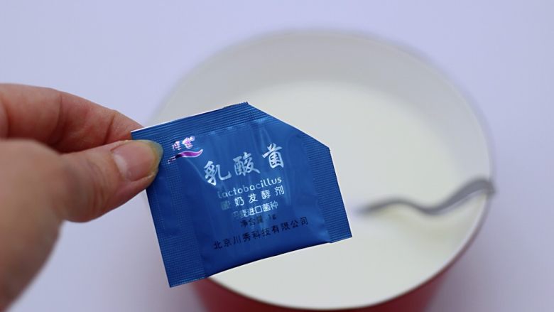 网红炒鲜果酸奶,把乳酸菌1包倒入牛奶中慢慢溶解后