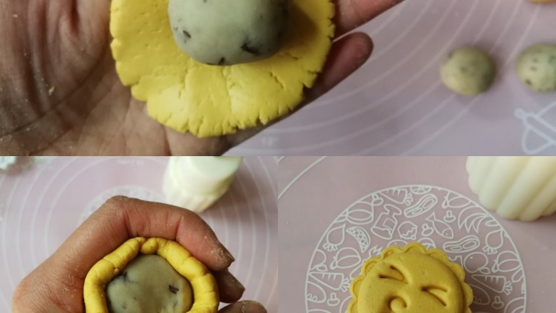 表情包双味南瓜饼,按照同样的方法包好豆沙,然后装入饼模印出花纹