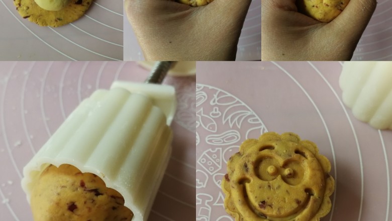 表情包双味南瓜饼,将蔓越莓面团的小剂子压扁放上原味绿豆沙,利用虎口将面团边沿慢慢往上推,把豆沙包入后收圆,模具装入花片后,在模具内壁和花片上撒适量手粉防粘,抖去多余手粉后,将包好豆沙的面团放入模具,垂直放在平面上,轻压到底,然后拎起模具的同时将南瓜饼轻轻推出,一个南瓜饼就做好了~