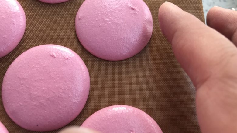 小粉马,放在室温下晾皮,一般北方的室温都比较干燥,晾皮在20分钟左右就差不多晾好了,不要超过30分钟,晾皮太久会开裂,如果在南方空气比较潮湿的话,就用烤箱热风发酵功能晾皮15分钟就好了,听说吹风机也可以,但我没试过,晾皮到用手轻轻去碰马卡龙边缘不粘手即可。