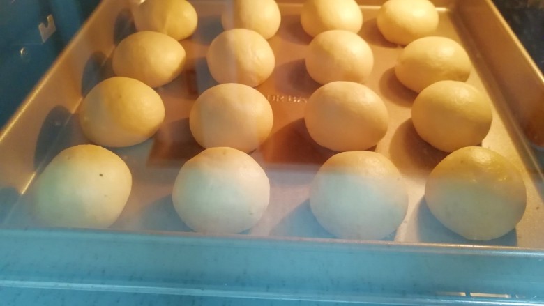 酸奶小餐包,烤箱调至“发酵”功能,放入小餐包生胚,烤箱下管35度发酵40分钟。