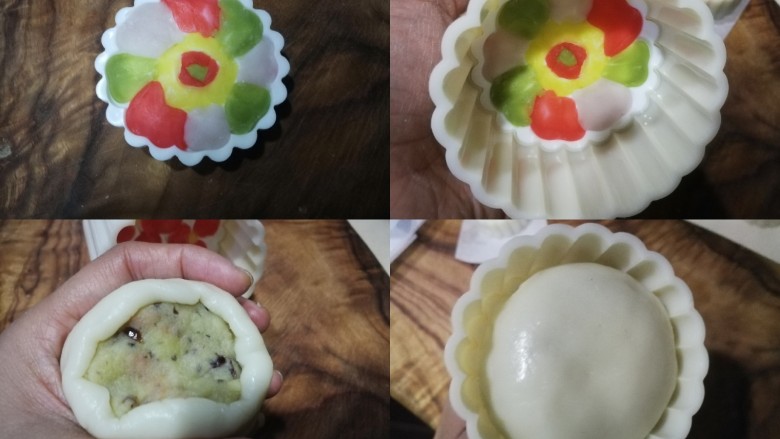 炫彩奶黄冰皮月饼,又印了一朵四色花,也很美丽哦~