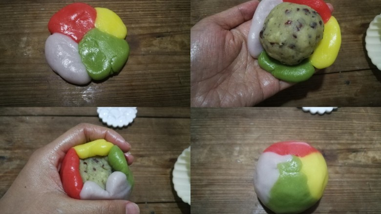 炫彩奶黄冰皮月饼,还可以直接用四种颜色的面团随意组合后包入馅料,压出来的花纹也非常好看呢