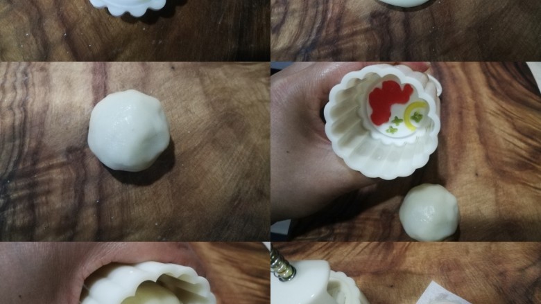 炫彩奶黄冰皮月饼,将月饼模具和花片洗净晾干,取一点点彩色面团将花片凹陷处填上,然后把花片装入模具,再取原色面团包入蔓越莓奶黄馅(面团与馅料的比例为1:1,如果为50g模具,则面团与馅料都是各取25g,我用的是65g模具,所以面团与馅料各取了32g),包好后放入模具,垂直向下轻压到底,拎起模具推出即可,一个美美的冰皮月饼就做好啦~