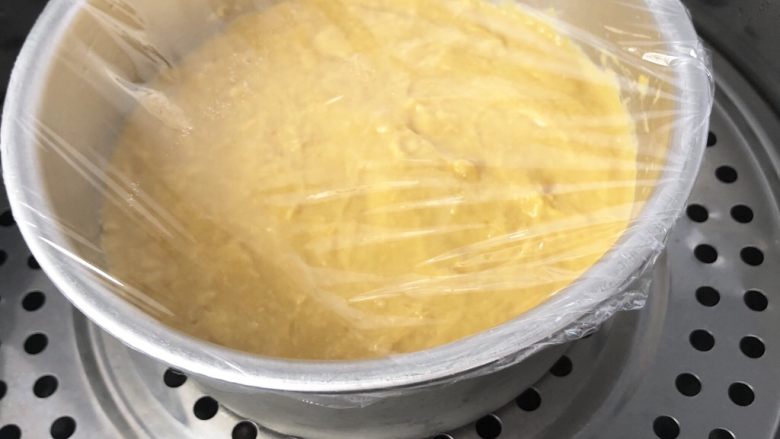 南瓜发糕,盖上保鲜膜，放入烧开水关火的蒸锅，或者放入烤箱，插一盘热水，打开发酵档。