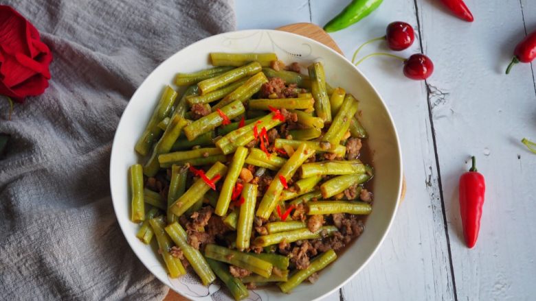 肉末炒豆角,成品。