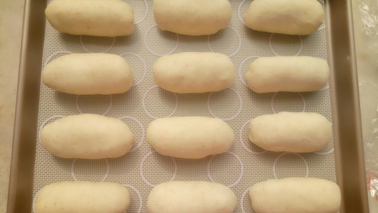 肉松小热狗,都卷好之后放入阳晨12寸浅烤盘里,盖保鲜膜进行二发,二发温度不要超过38度。