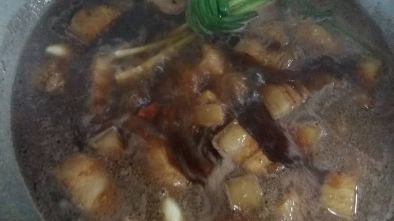 香而不腻的家常红烧肉,大火烧开,转小火炖40分钟。中途搅拌一下,倒入少许盐。