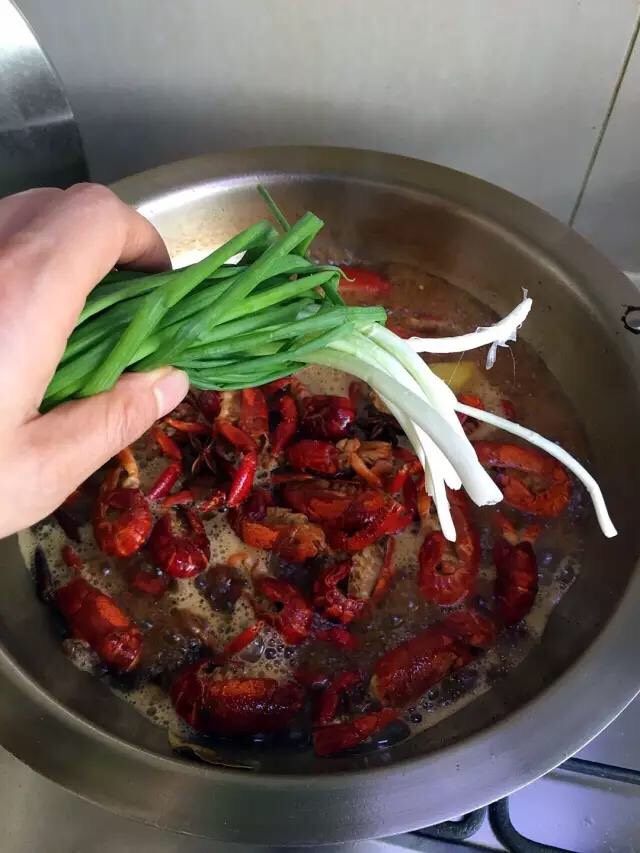 啤酒麻辣小龙虾, 大火烧开后放入葱结。转中小火盖上锅盖焖煮10分钟。(火不要太大了,太大虾黄容易煮出来,也不能太小了)