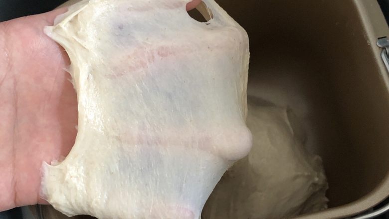 全麦豆沙软欧,搅拌至出筋度,一层厚手膜即可,全麦面团是打不出手套膜的