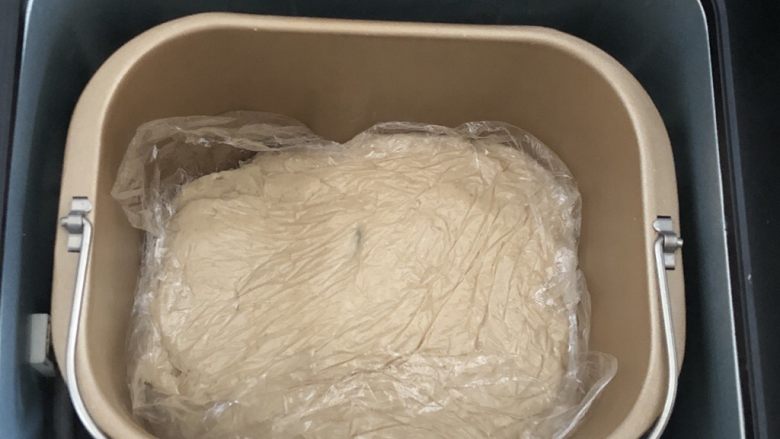 全麦豆沙软欧,整理铺平,盖上保鲜膜,发酵60分钟