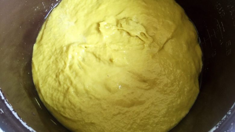 南瓜发糕,我用了一个旧的电饭锅内胆，刷一层色拉油，倒入面糊，摇平，发酵，为了省时间，我在蒸锅里烧了半锅水，温度大概50度，把乘着面糊的盆放到笼屉上，盖上锅盖发酵，发至两倍大就可以了