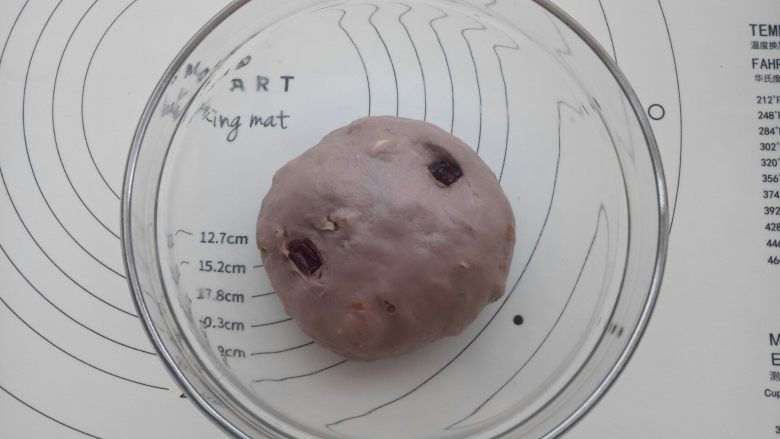 可可荞麦坚果欧包,揉好的面团盖保鲜膜26度左右进行一发(一发温度不要超过28度) 。