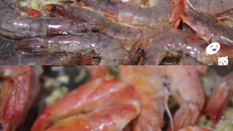 油焖大虾,当葱的香味出来后，放入虾，这时候要转成小火，可以轻压虾的头部，让虾的虾乳油出来
