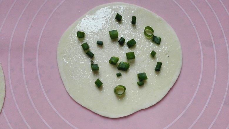 饺子皮葱油饼,撒上盐、葱花