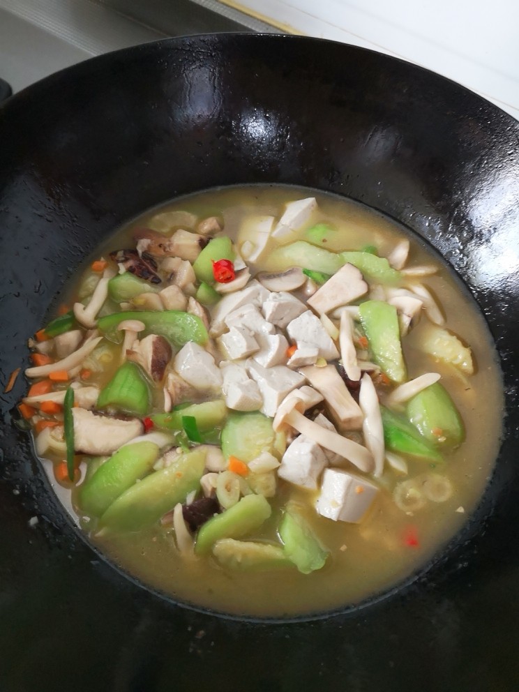 #菌菇#丝瓜炖豆腐,放入豆腐
加水,盖上锅盖大火烧开
小火焖三分钟左右