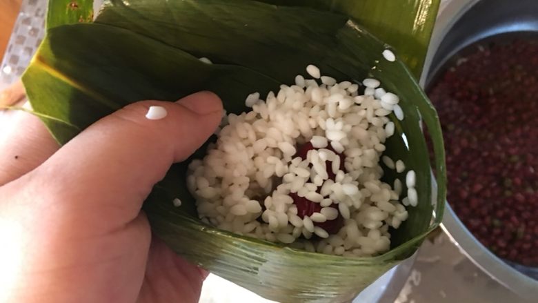 红枣粽子,放入糯米和红枣,不要放太多,抄点水到米里,放好糯米馅料后,将开口处剩余粽叶部分捏紧扣好包裹严不漏米,然后就可以五花大绑了