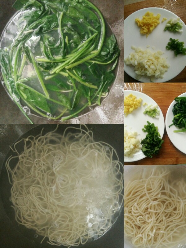干拌面,下水开煮面八成下青菜,捞面捞青菜,冷水冲洗沥干。