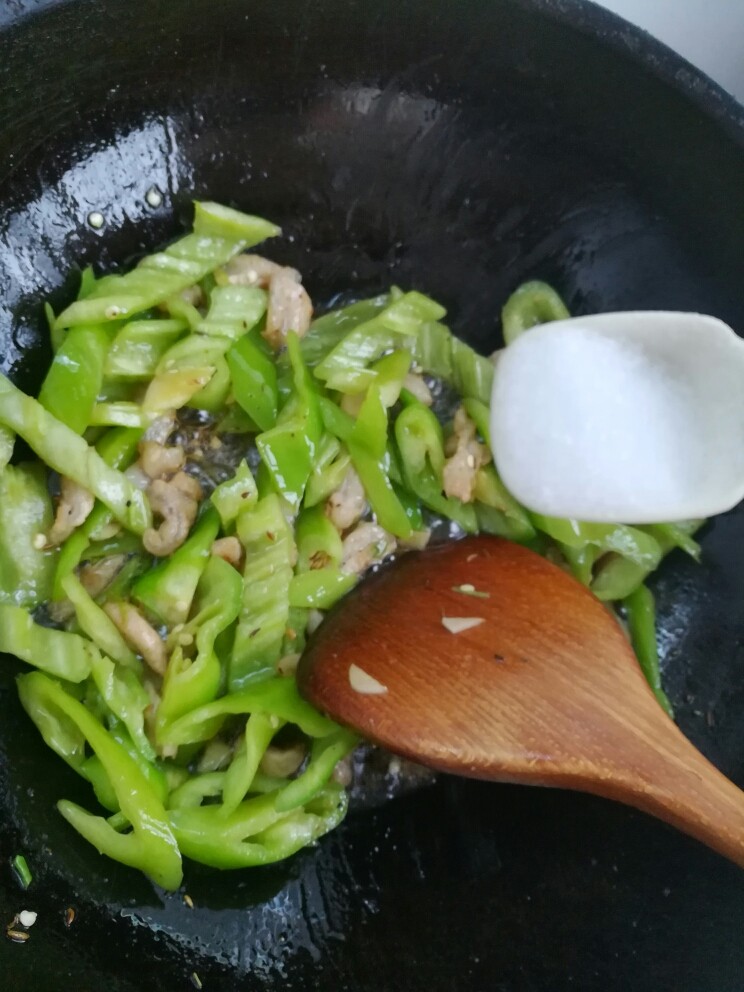 辣椒炒肉,加适量盐,继续翻炒1-2分钟