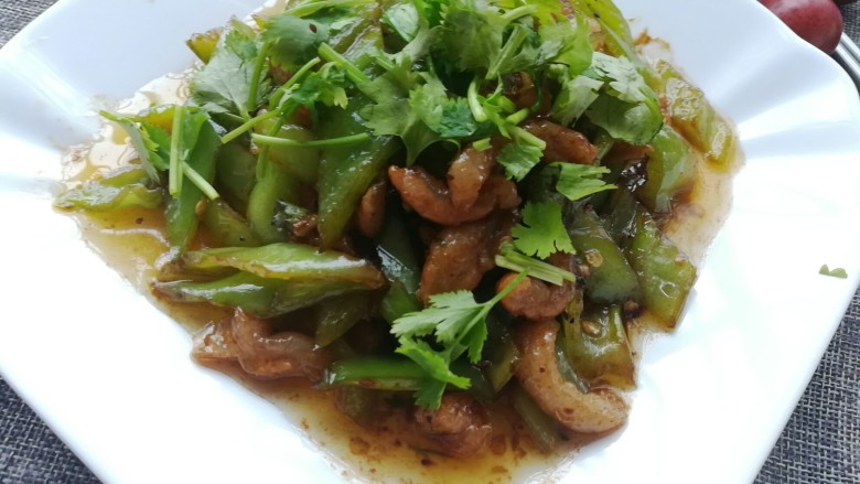 辣椒炒肉,盛到盘里,撒点<a style='color:red;display:inline-block;' href='/shicai/ 131'>香菜</a>,一盘下饭的辣椒炒肉就好了