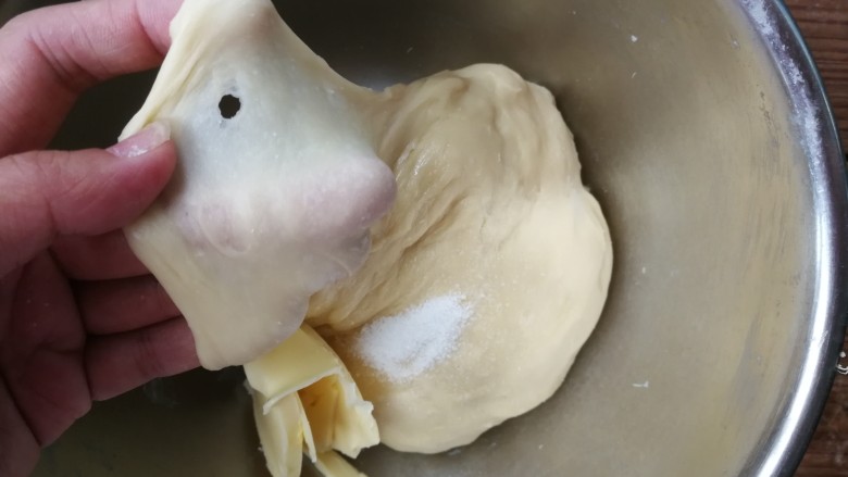 老式奶香吐司,用手揉至扩展阶段，面团能拉出粗膜后，加入盐和黄油（有面包机或厨师机当然更好，直接交给机器揉面更方便）