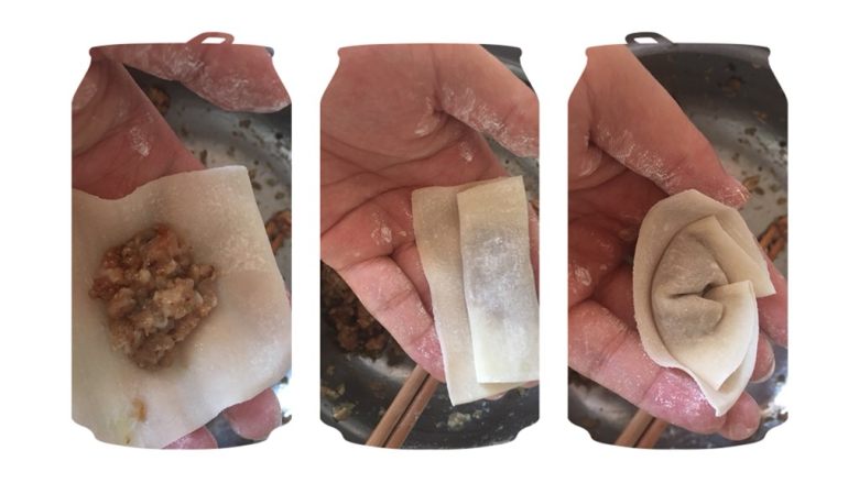 猪肉香菇馄炖,还有一种是梯形的面皮包法,将馅放在面皮窄的一端1/3处,卷一下,在捏紧两端,这种馅包裹的更严实,不容易露馅