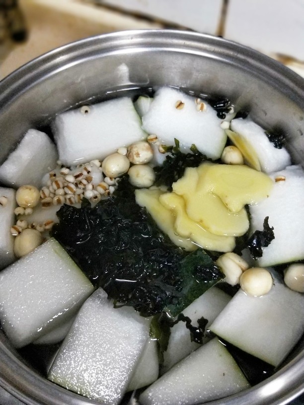 连皮冬瓜薏仁汤,所有材料放入瓦锅,注入冷水。