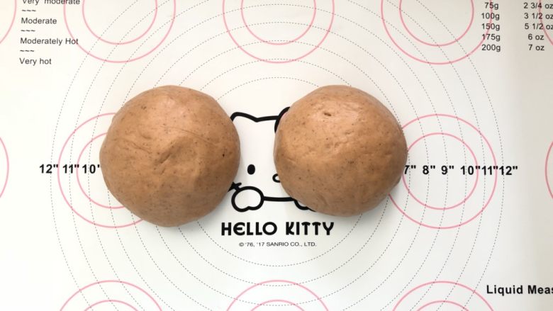 蔓越梅绿豆沙西瓜软欧包,9、分成两份,揉圆,松弛一会儿。