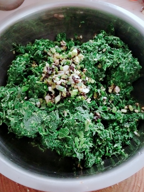 野菜人就菜馅大饺子
,把野菜切一下，放入葱末，姜末，<a style='color:red;display:inline-block;' href='/shicai/ 694'>豆豉</a>！