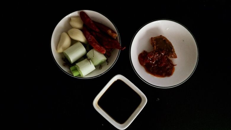 羊肉煲,准备好调料和葱辣椒,<a style='color:red;display:inline-block;' href='/shicai/ 3746'>大料</a>花椒,葱切段,豆瓣酱和红油火锅料各一点