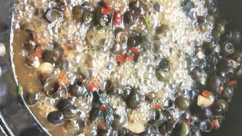家常炒螺蛳,倒入螺蛳,翻炒几下,放入适量食盐、酱油、料酒、豆豉酱(辣椒酱),倒入适量开水,翻炒均匀,盖上盖子中火煮5分钟。