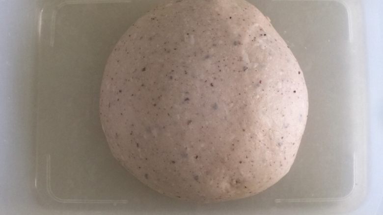 蜂蜜紫米蔓越莓吐司,整形好放入发酵盒中,室温发酵60分钟