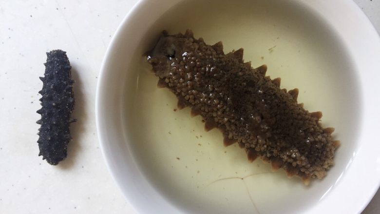 小米海参粥,煮好的海参自然冷却后,再用纯净水浸泡一天后就可以食用了(每6–8小时记得换一次水)
泡发好的海参和干海参对比一下,应该有原来的2–3大