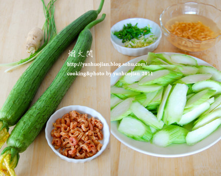 开洋丝瓜,<a style='color:red;display:inline-block;' href='/shicai/ 57'>丝瓜</a>去皮切厚片,葱、姜切成碎末备用,海米用清水冲一下泡软备用(泡海米的水留着待用);