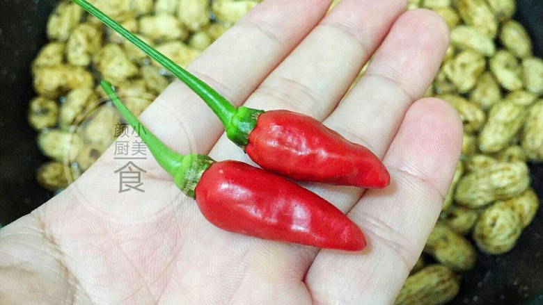 盐水花生,加入2个小米辣,加盖一起煮,不要辣椒的可以不放,放2个吃起来有点微微的辣,自我感觉还不错。