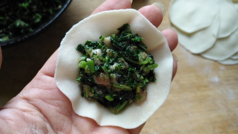 绿苋菜馅饺子,取一个饺子皮，加入适量馅，
