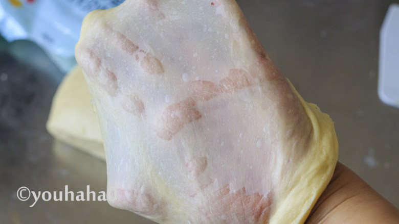 汤种牛奶吐司,继续用中速搅打十分钟后,取出面团至案板上,面团比较黏手,在案板上摔打几下,取一块小面团,双手轻轻拉开,拉开成手套膜,很薄很有韧性。金龙鱼面包用小麦粉出手套膜的效果很棒,平时打面差不多要半个小时,这个20分钟就可以了。