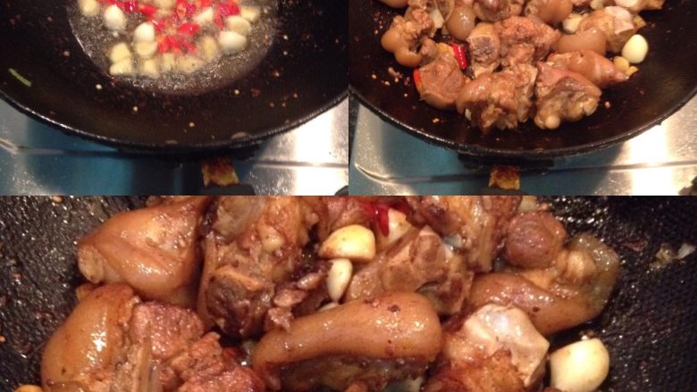 红烧猪蹄子-珍甜
,2:炒锅烧热放油和切碎的生姜大蒜<a style='color:red;display:inline-block;' href='/shicai/ 82'>小米椒</a>炒香放猪蹄子快炒,中间大放八角桂皮花椒粒一起炒香后放老抽上色
3.炒至有点干焦时放点白酒生抽和少许盐入味