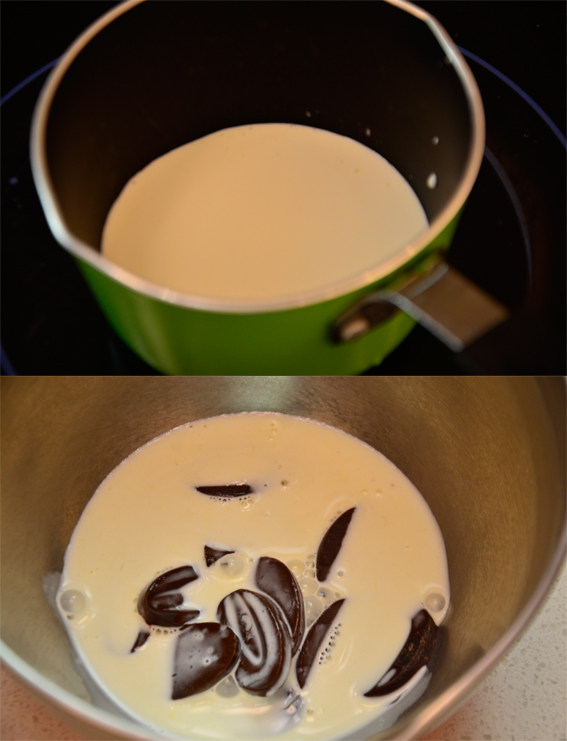 新晋网红脏脏蛋糕,将淡奶油倒入锅里小火加热至50至60度,倒入巧克力中静止约10分钟,让巧克力自然融化