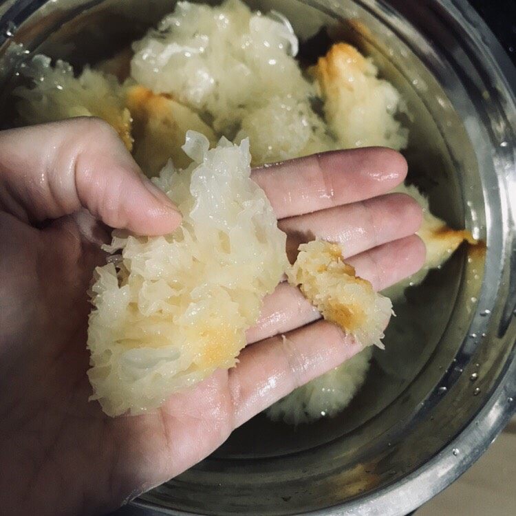 牛奶莲子炖银耳,泡了约6小时左右即可,把头剪掉